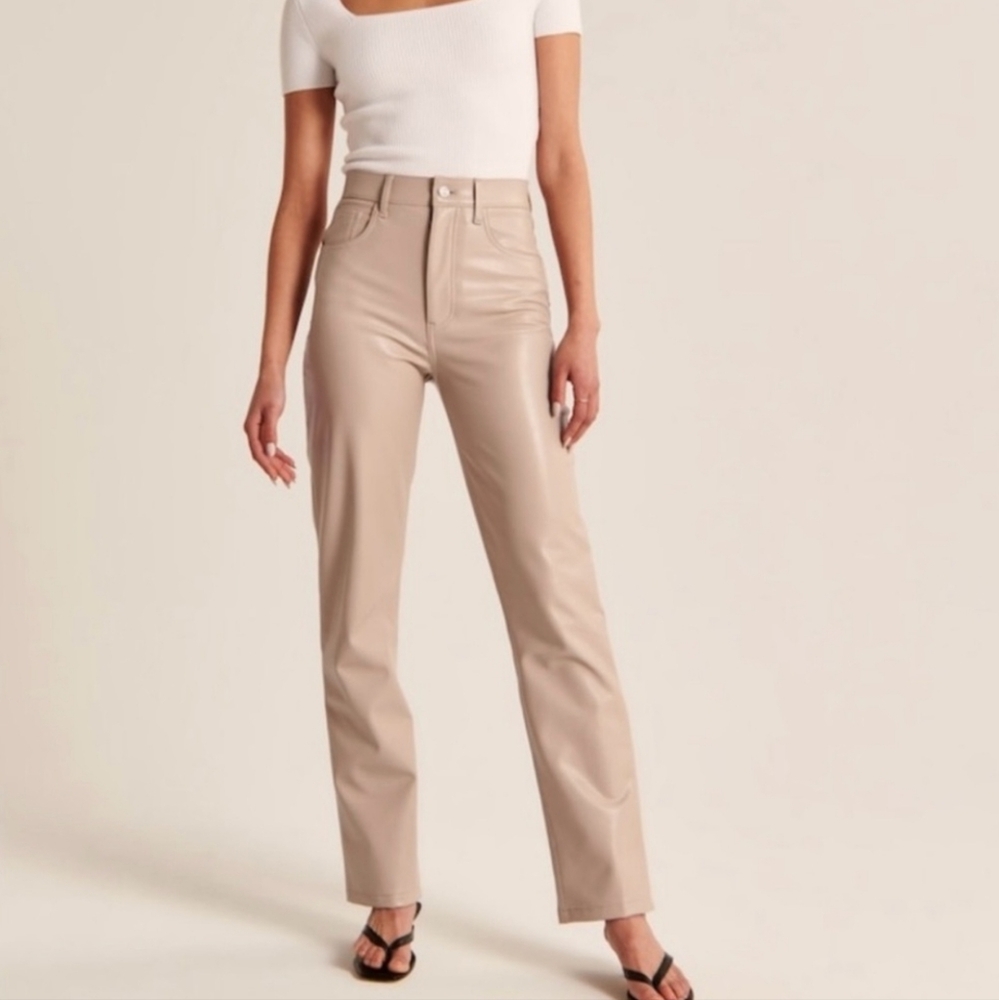Abercrombie & Fitch Curve Love Vegan Leather 90s Straight Pant In Taupe